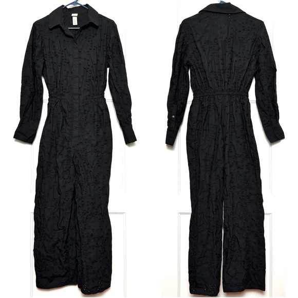 H&M Cotton Embroidered Floral‎ Eyelet Long Sleeve Button Up Collared Jumpsuit S - Picture 4 of 7